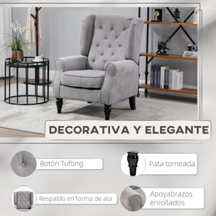 Sillón de Salón Moderno Butaca para Dormitorio con Reposacabezas y Patas de Madera Sofá Individual Carga 160 kg para Oficina Sala de Estar Gris