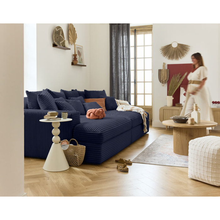 Collins - canapé droit 4 places avec double méridienne - assise profonde - velours côtelé grosses côtes - Bleu