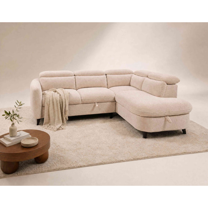 Opaline - Canapé d'angle droit 5 places convertible avec têtières et coffre en tissu texturé - Beige