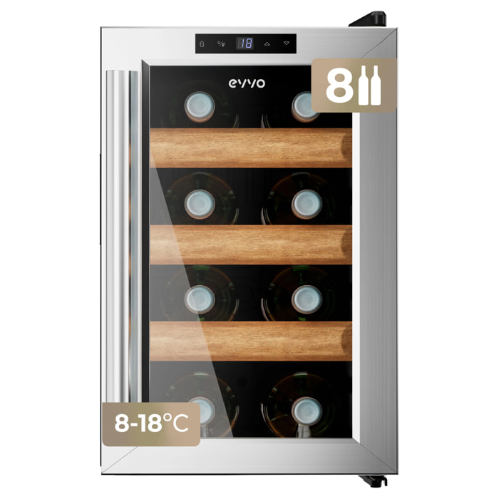 EVVO Vinoteca para 8 botellas VT8 Inox, termoeléctrica, 8–18ºC regulable, ultra silenciosa 35 dB, panel táctil, luz LED interior