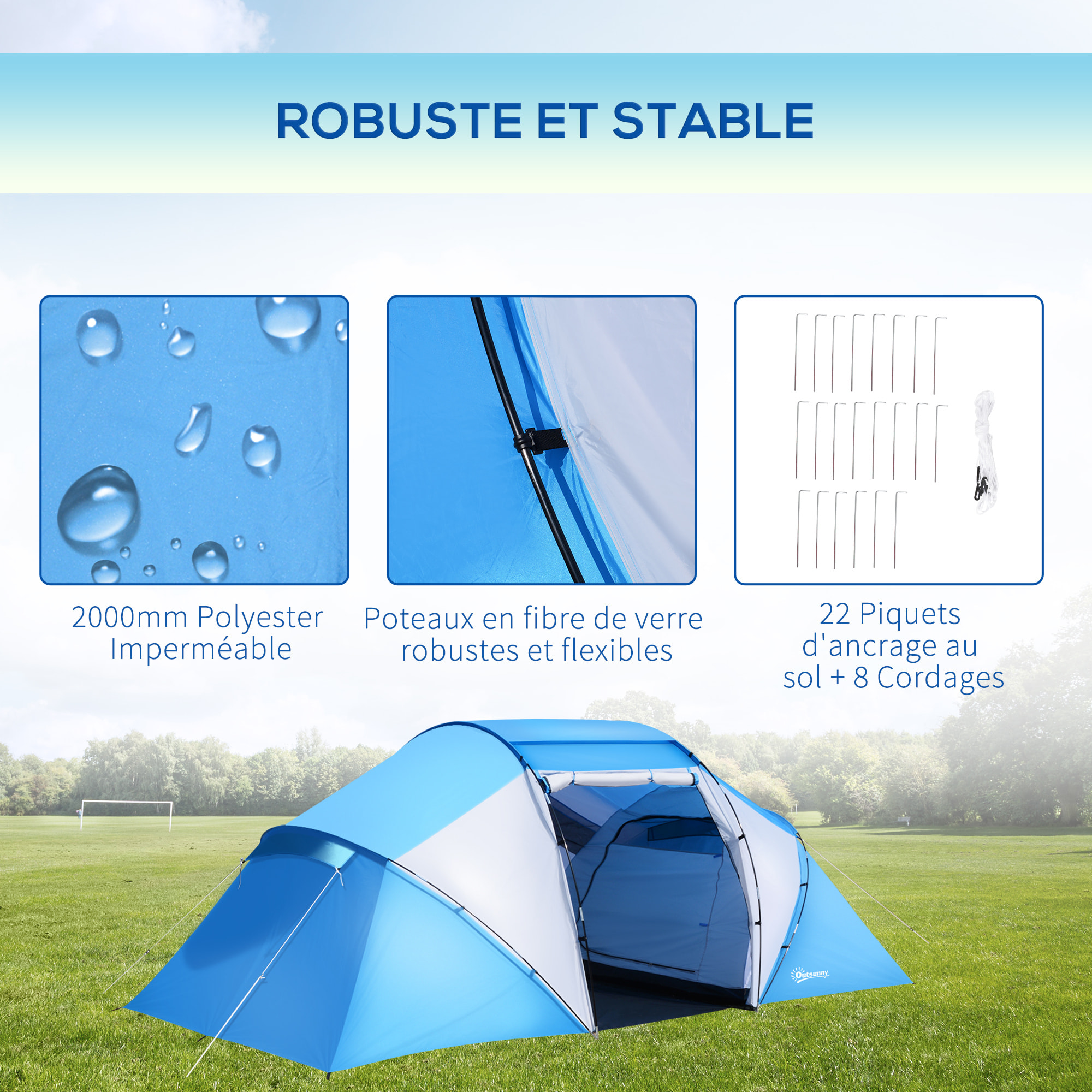 Tente de camping familiale 4-6 personnes 2 cabines fenêtre grande porte 4,3L x 2,4l x 1,7H m bleu blanc