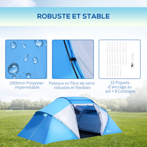 Tente de camping familiale 4-6 personnes 2 cabines fenêtre grande porte 4,3L x 2,4l x 1,7H m bleu blanc