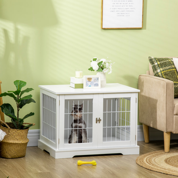 Cage pour chien animaux table d'appoint 2 en 1 - 2 portes verrouillables - dim. 76L x 54,5l x 56H cm - MDF acier blanc