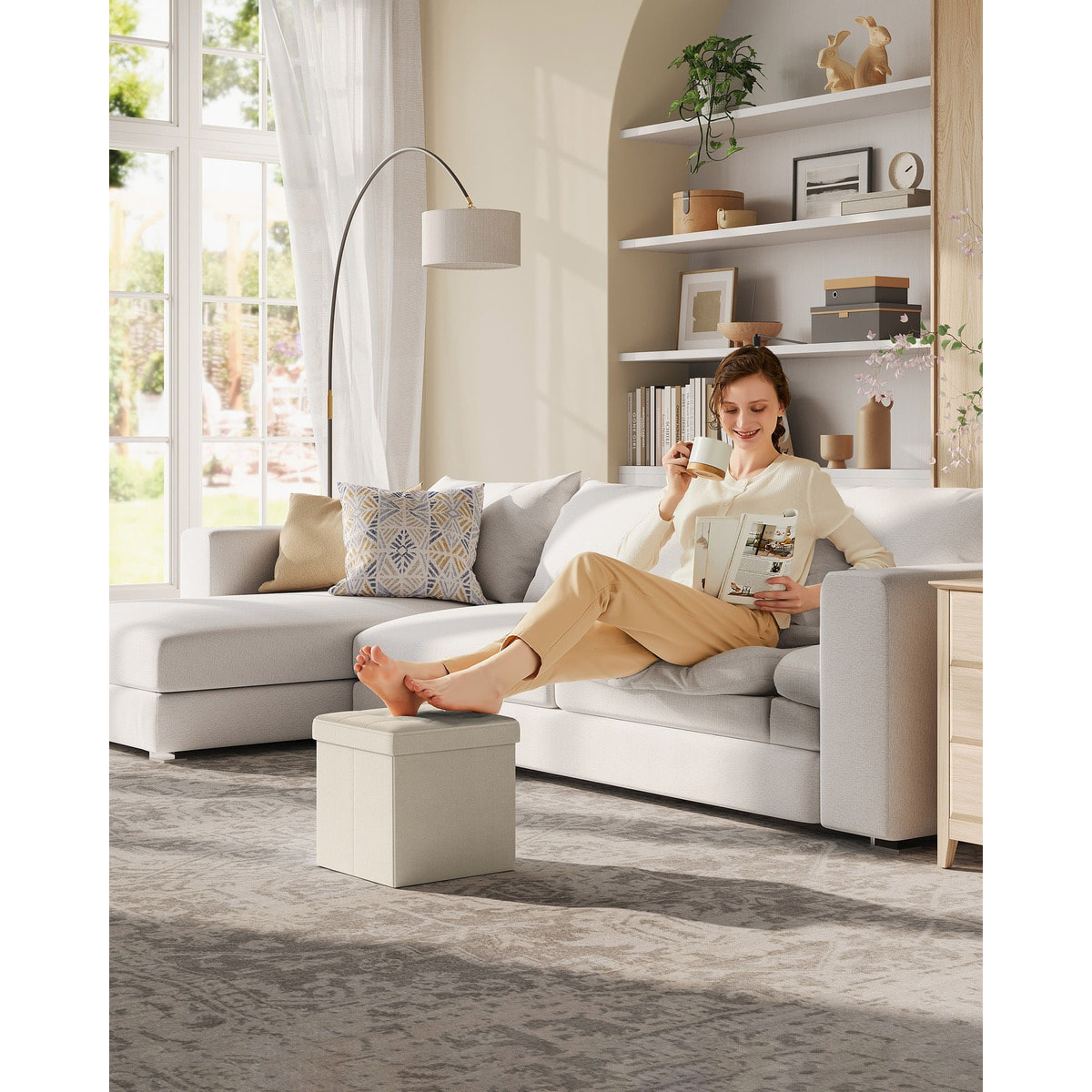 Pouf contenitore pieghevole bianco panna in simil lino