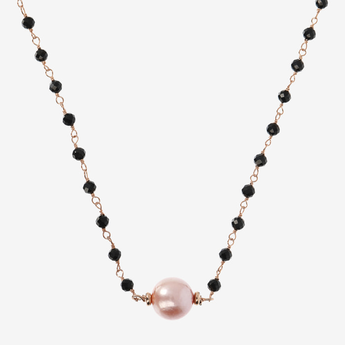 PERLAVIVA - Collana Rosario con Spinello Nero e Perla d'Acqua Dolce Rosa Ø 9/10 mm in Argento 925 placcato Oro rosa 18Kt