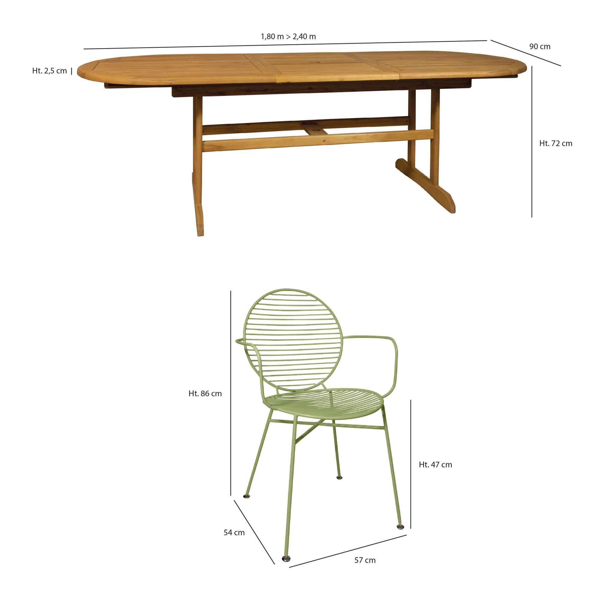 ENSEMBLE DE JARDIN TABLE BOIS EUCALYPTUS EXTENS + 6 FAUT MÉTAL SUMAD