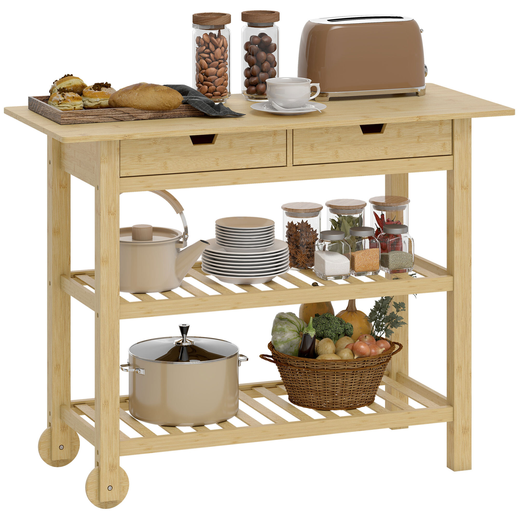 Carrito Auxiliar con Ruedas de Bambú, Carro de Servicio con 2 Cajones, 2 Estantes de Listones, 2 Ruedas, Carrito para Cocina, Restaurante, 100x43x75 cm, Natural