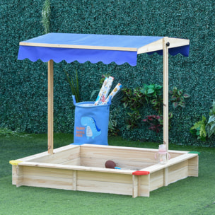 Bac à sable bois carré dim. 1,2L x 1,2l x 1,2H m - hauteur et inclinaison toit réglables - bois naturel de pin