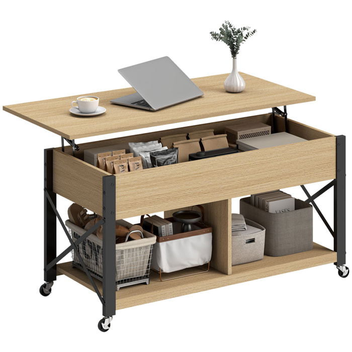 Mesa de Centro Elevable con Ruedas, Mesita de Salón con Compartimento Oculto, Estantes Abiertos, Mesa de Café para Comedor, Oficina, 105x50x67 cm, Madera Natural y Blanco