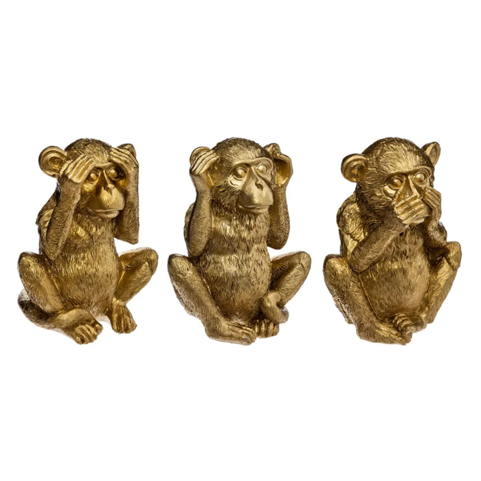 Set de 3 statuettes "Singes sagesse" - résine - doré H17 cm