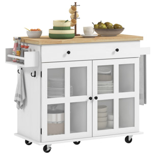 Desserte de cuisine multi-rangement - 2 portes, 2 étagères, tiroir, porte-épices, porte-torchon - blanc bois hévéa