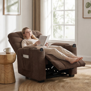 Sillón Relax Reclinable Eléctrico con Calor Lumbar y Masaje Vibración, Sillón Masaje Relax, Motor Silencioso, Función Memoria, Asiento Ancho, Bolsillos, Portavasos, USB, Tela Terciopelo, Marrón