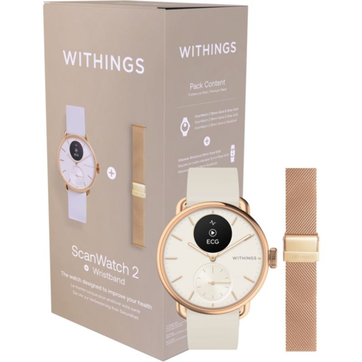 Montre santé WITHINGS ScanWatch 2 Rose Gold 38mm + bracelet milanese offert