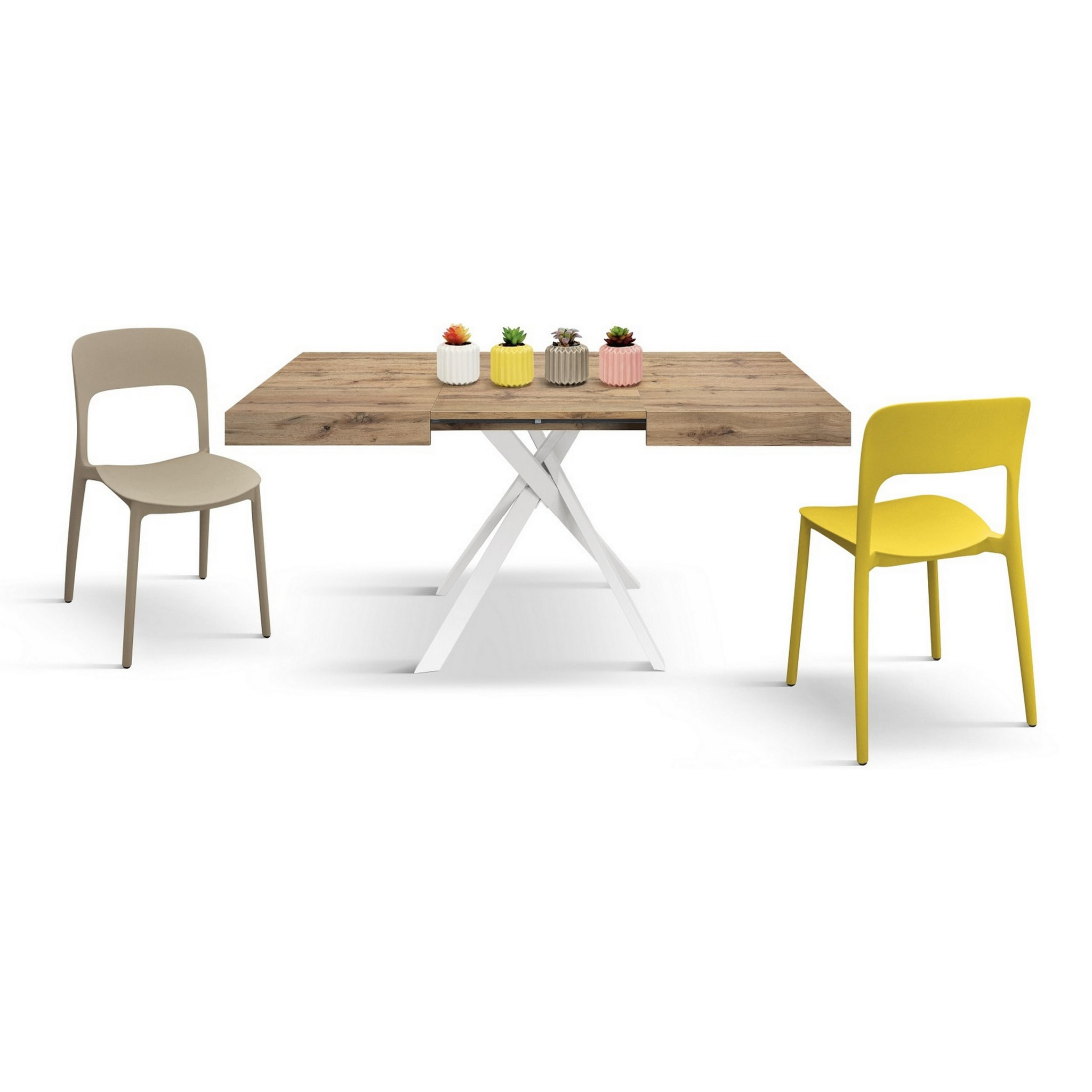 Tavolo FORTE DEI MARMI in legno, finitura rovere rustico e gambe incrociate in metallo bianco, allungabile 95x90 cm - 145 x 90 cm