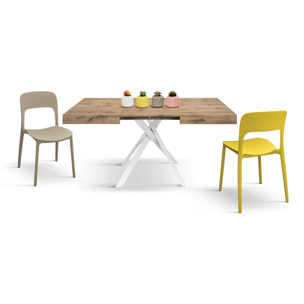 Tavolo FORTE DEI MARMI in legno, finitura rovere rustico e gambe incrociate in metallo bianco, allungabile 95x90 cm - 145 x 90 cm