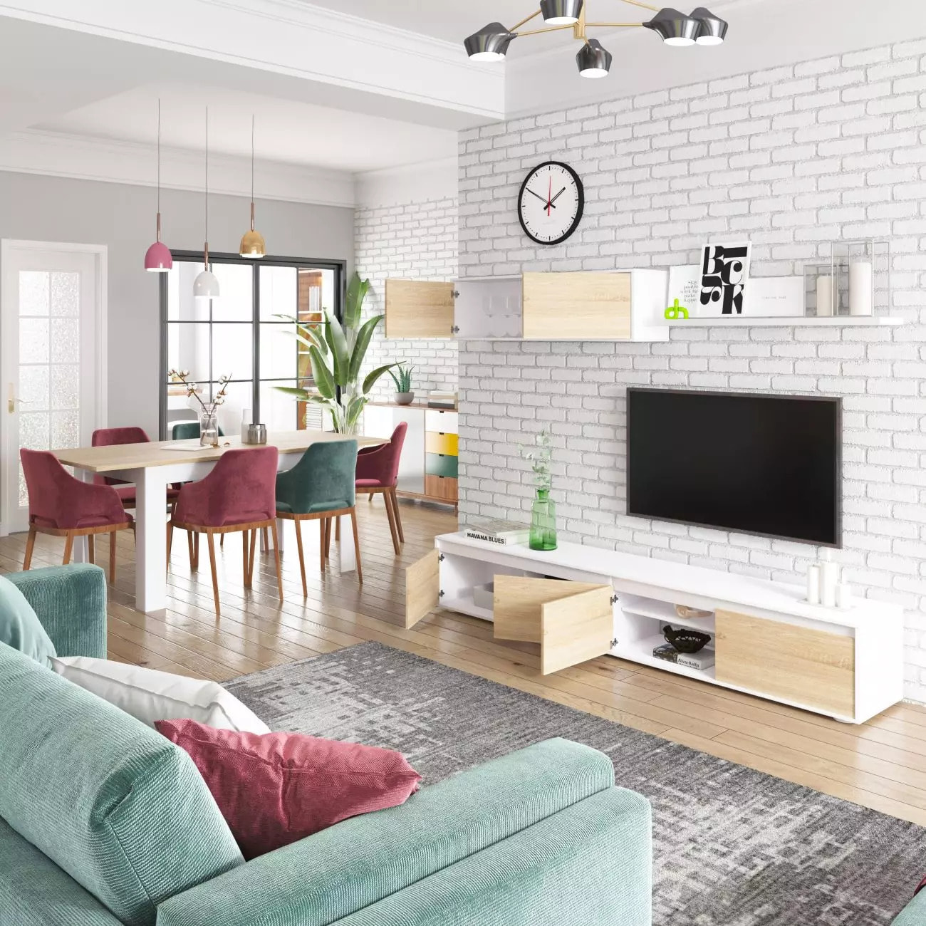 Salón con mueble de TV y estantería en blanco mate y roble canadian 200 cm Arlet Blanco Artik (Blanco Mate) - Roble Canadian