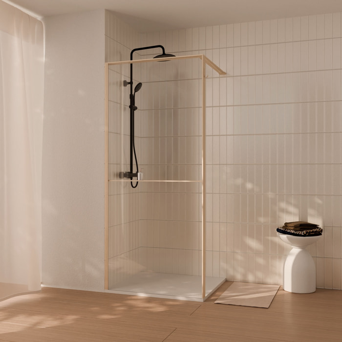 Paroi de douche 100x200cm - Cadre et étagère finition chêne clair - Verre 8mm anticalcaire - ETHAN