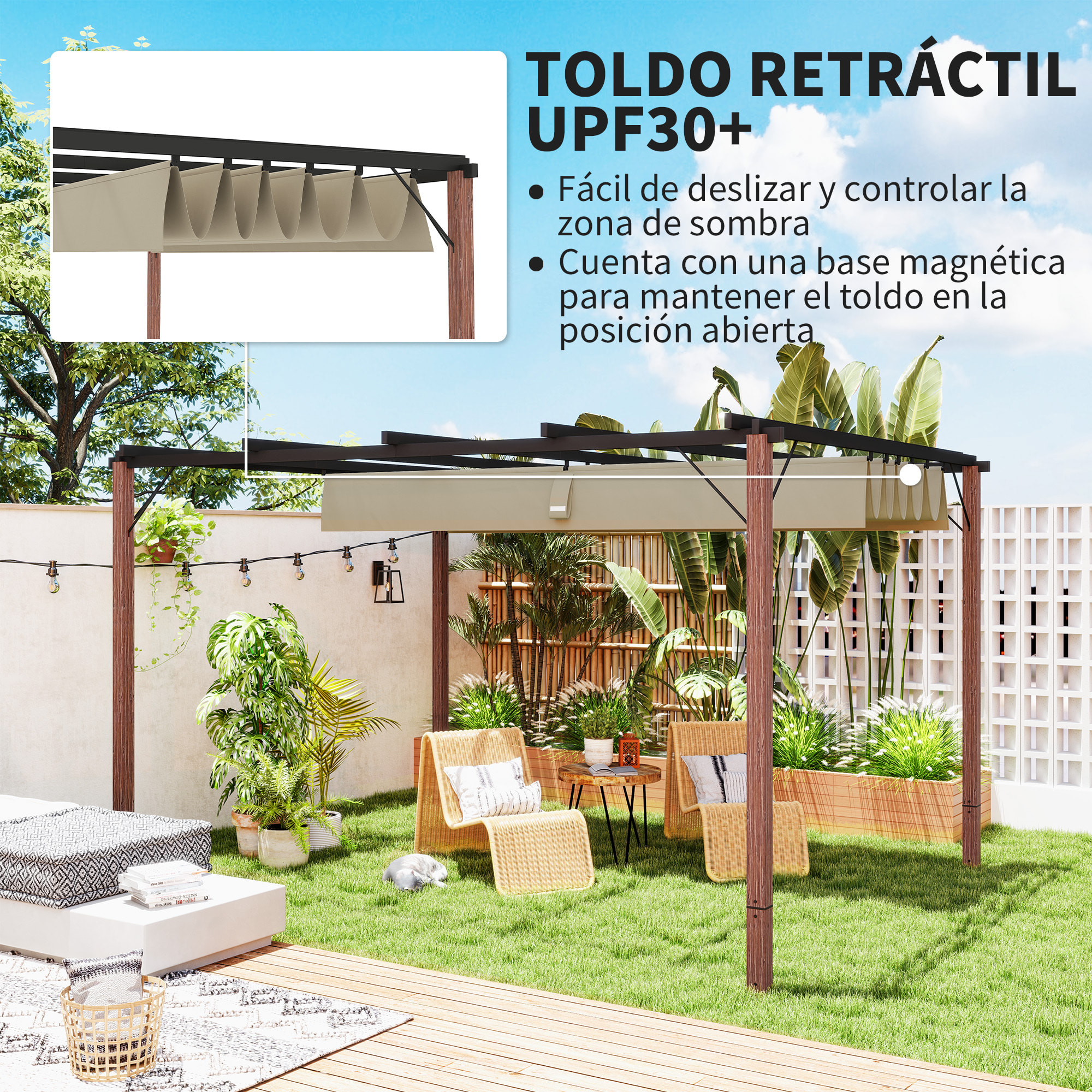 Pérgola con Techo Retráctil Pérgola de Aluminio 4x3 m Cenador con Tela de Poliéster Anti-UV Resistente al Agua Pabellón para Jardín Patio Terraza Exterior Natural y Café