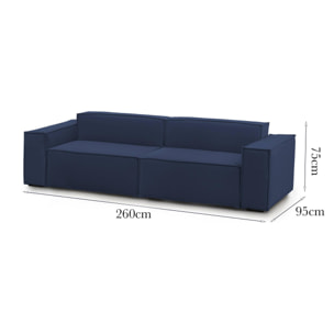 Divano fisso Simona, Divano componibile a 3 posti lineare, 100% Made in Italy, Sofà moderno da soggiorno in tessuto, Cm 260x95h70, Blu