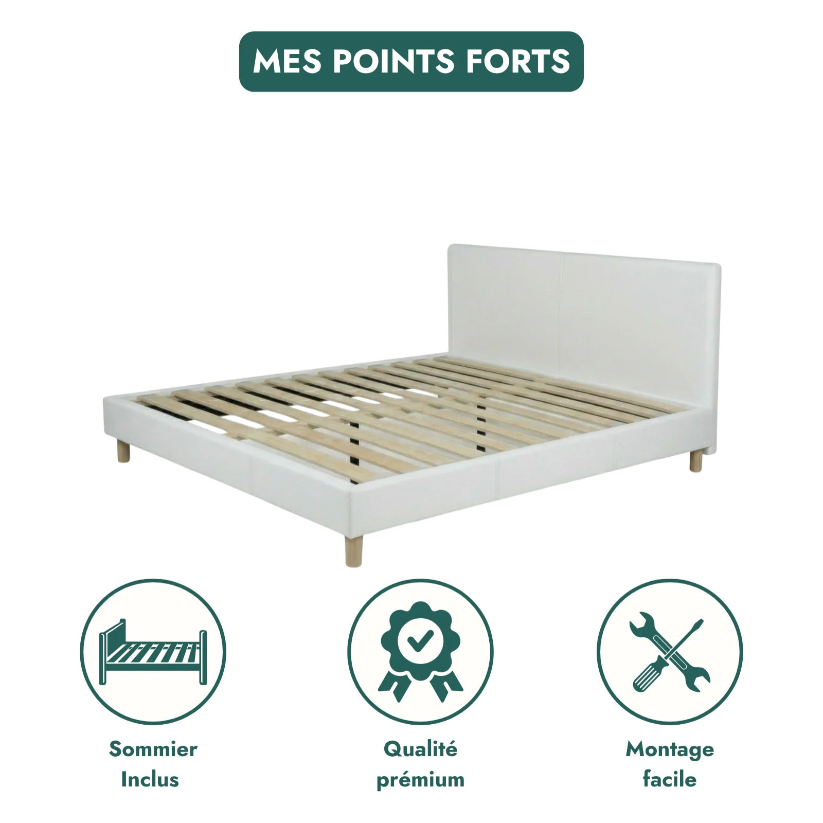 Ensemble matelas Jade & lit fixe Colisée | Mémoire de forme et ressorts ensachés | cadre à lattes | Simili cuir | Blanc