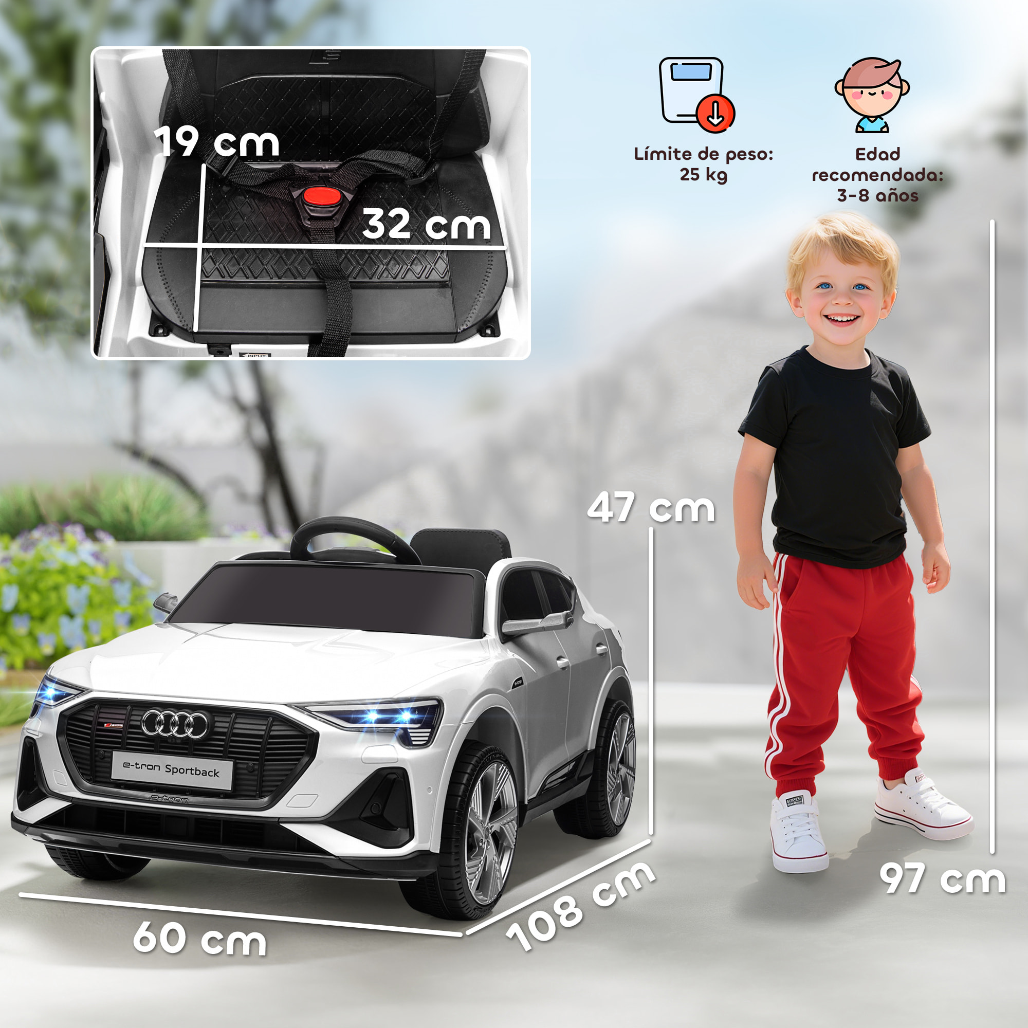 Coche Eléctrico para Niños de +3 Años Audi E-tron, Coche de Batería 12V con Mando a Distancia, Faros LED, Bocina, Música, USB, Apertura de Puerta y Velocidad 3-5 km/h, Blanco