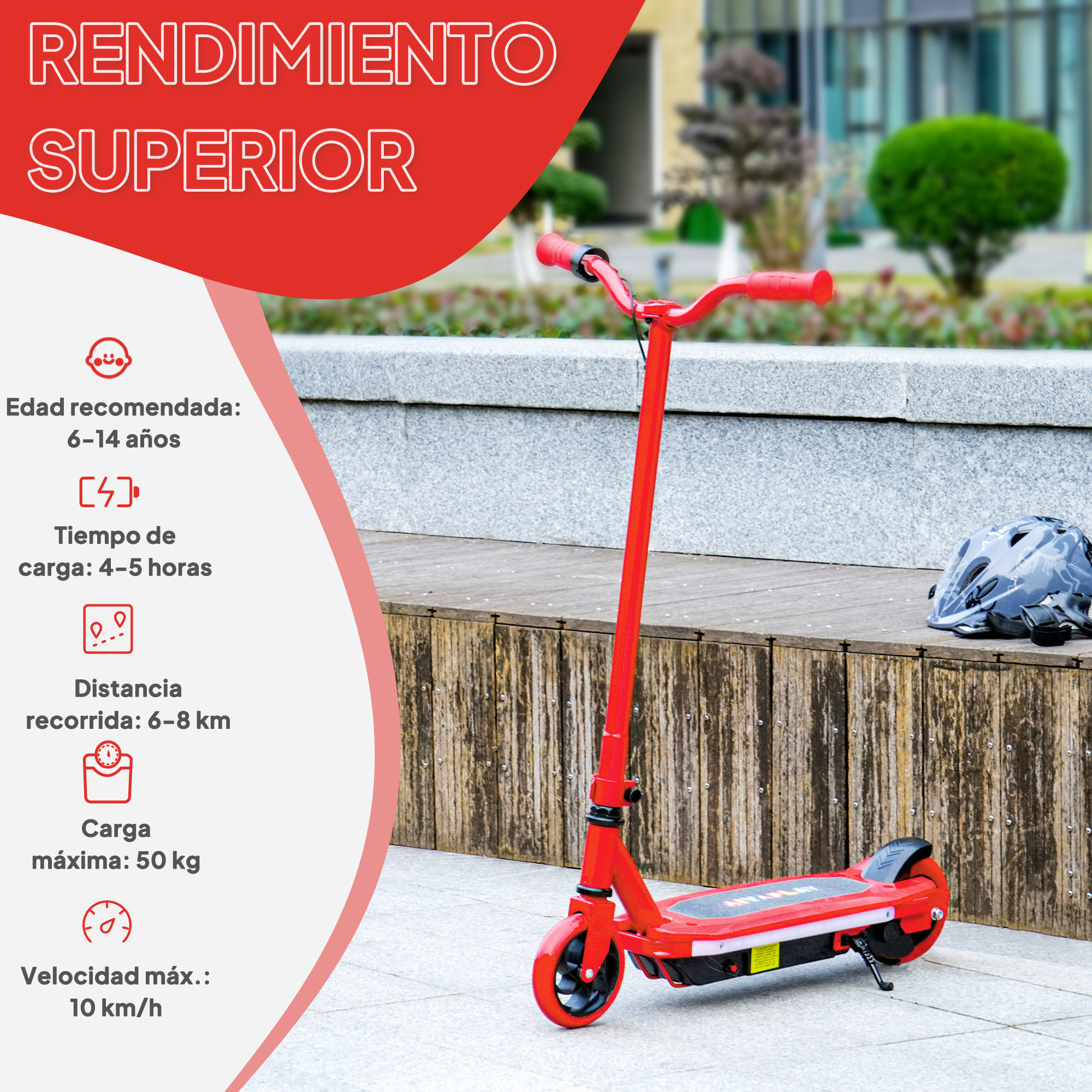Patinete Eléctrico para Niños de 6-14 Años Patín Eléctrico Max. 10 km/h Motor 80 W Autonomía Máxima 8 km Patinete Eléctrico Infantil con Luces LED Freno Posterior Rojo