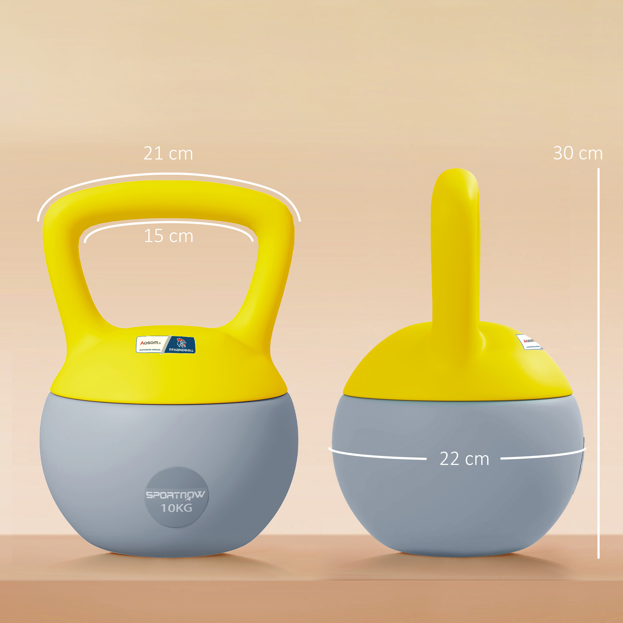 Kettlebell 10 Kg collaboration Aosom.fr x FFHandball - prise ergonomique - PVC gris jaune