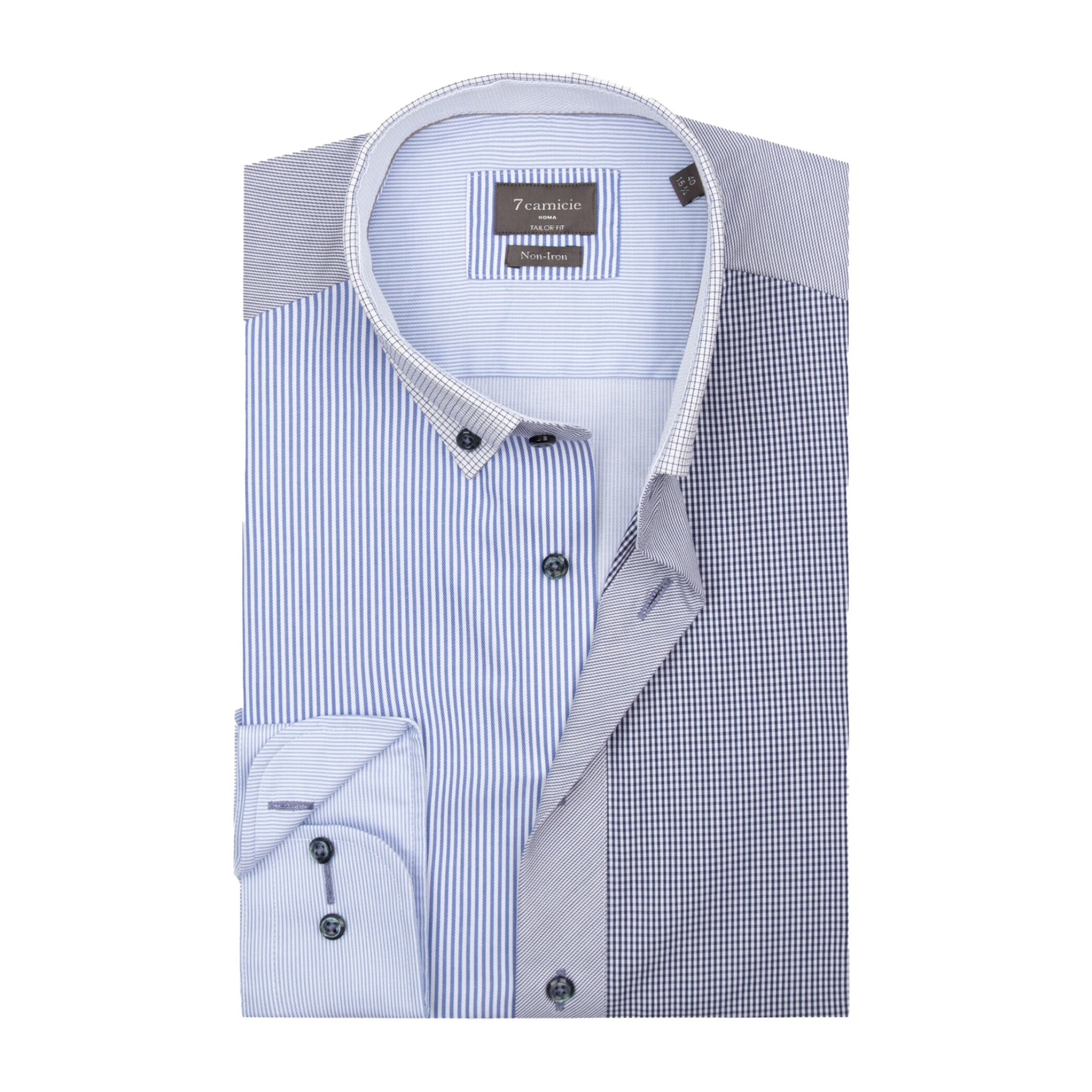 Camicia Uomo Botton Down Slim Popeline No Iron Riga Stretta Bianco/Celeste