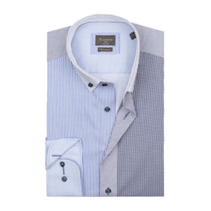 Camicia Uomo Botton Down Slim Popeline No Iron Riga Stretta Bianco/Celeste