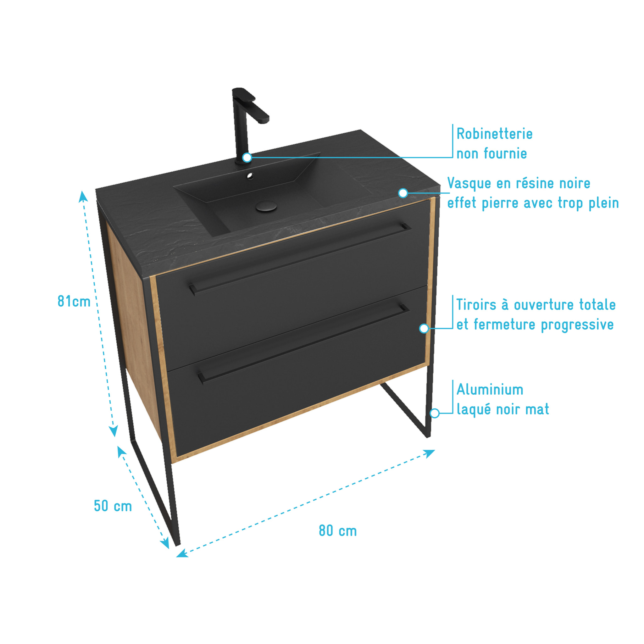 Meuble de salle de bain 80x50cm chene brun - 2 tiroirs noir mat - vasque resine noire effet pierre