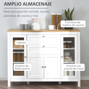 Aparador de Cocina con Armario 2 Cajones 2 Puertas de Vidrio y Estantes Ajustables Muebles Auxiliar de Almacenaje para Comedor Salón 120x40x90 cm Blanco