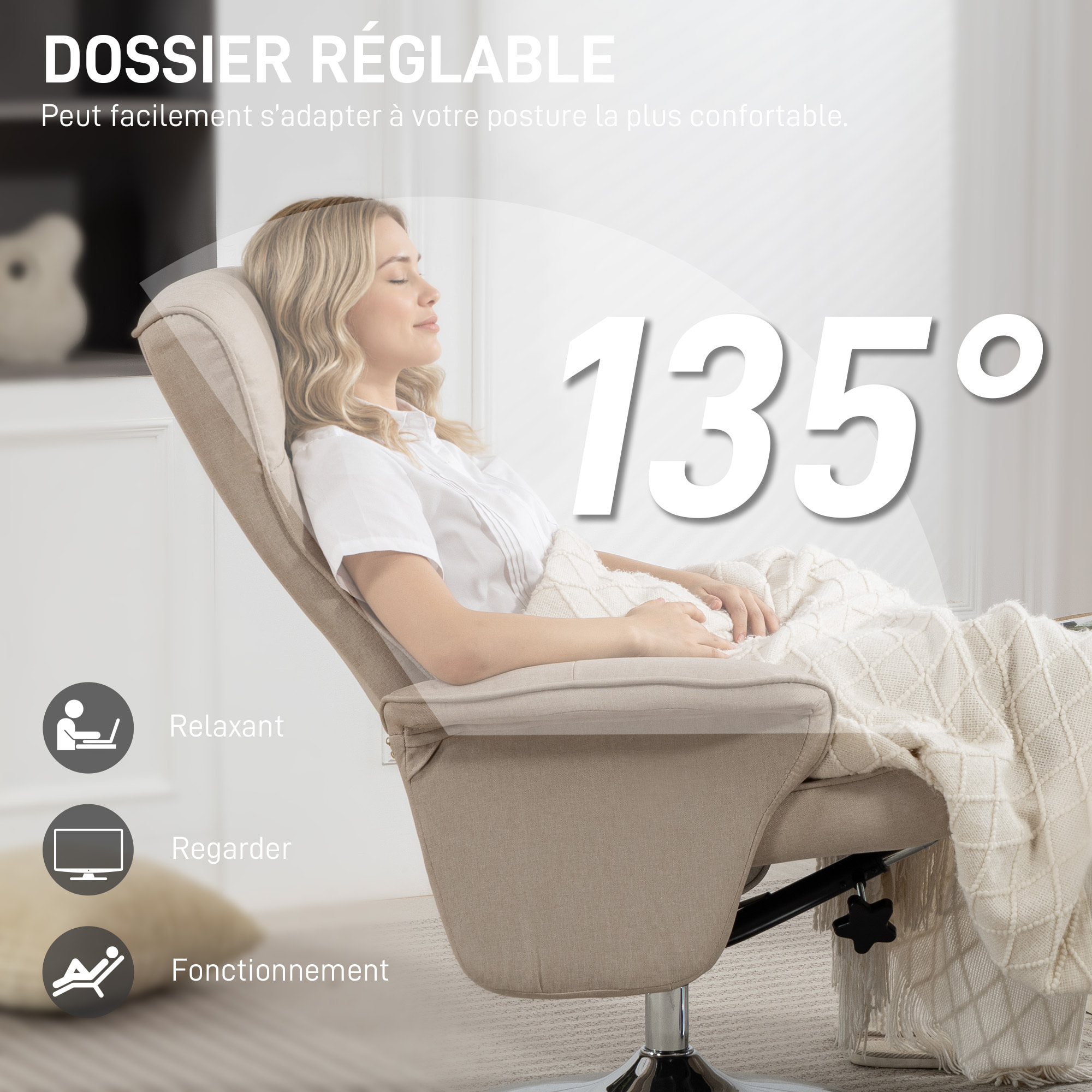 Fauteuil relax style contemporain - pivotant, dossier inclinable, repose-pied - piètement acier chromé tissu beige