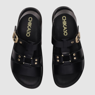 Sandalias de Piel - Negro - Tacón: Bajo