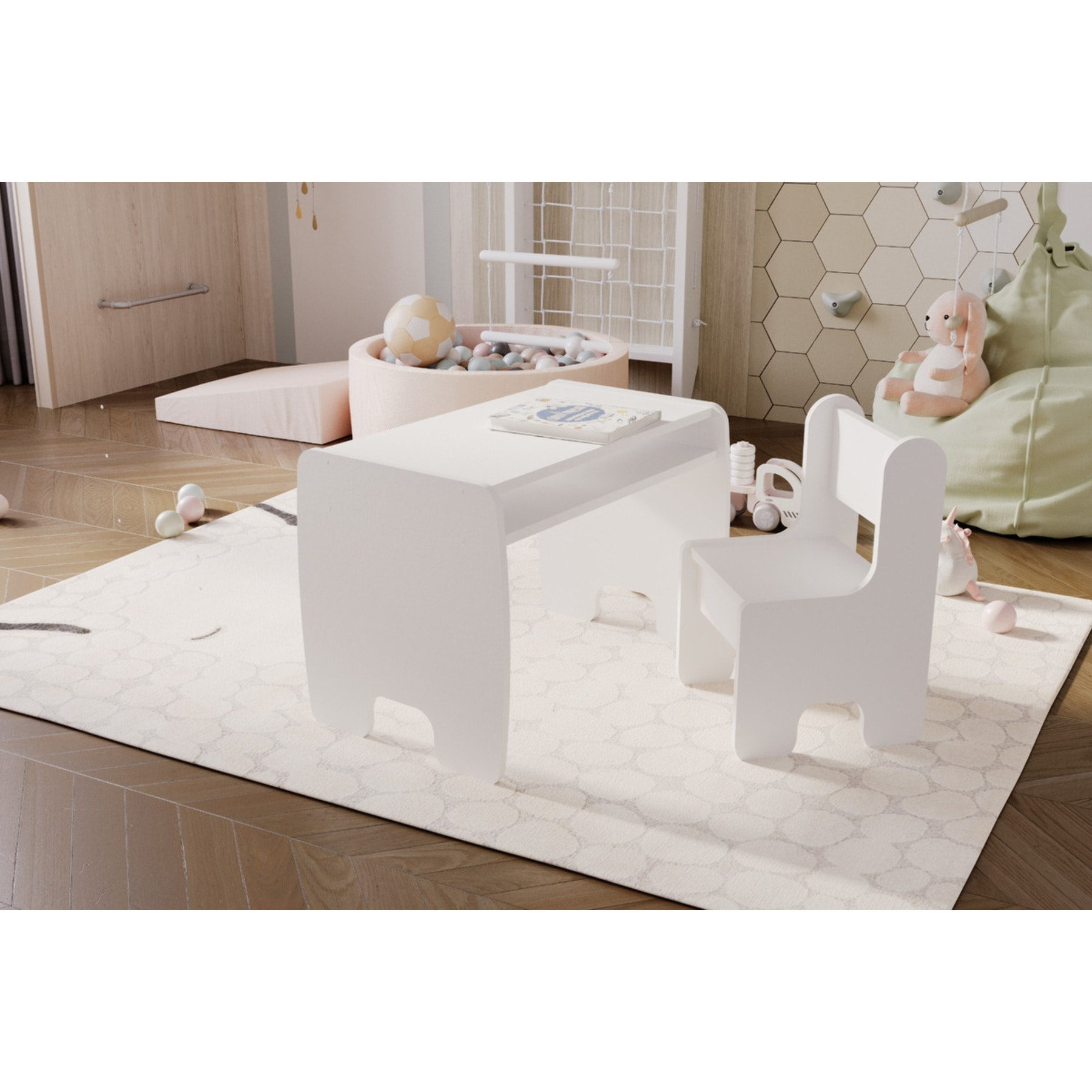 Set tavolo e sedia per bambini Timi in legno bianco