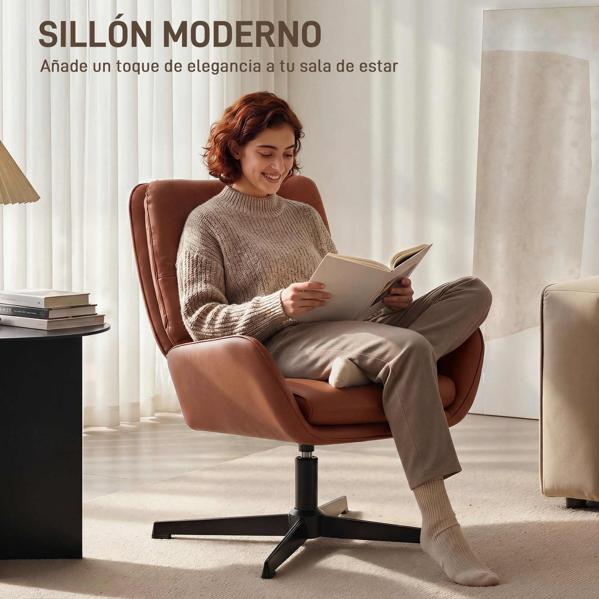 Sillón Giratorio, Butaca de Salón Tapizado en PU, Sillón Lectura con Asiento Acolchado, Reposabrazos, Patas Metálicas, para Sala de Estar, Dormitorio, Marrón