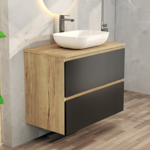 Conjunto de Baño Nia | Mueble Suspendido | 80 cm Negro | Dos Cajones | Lavabo Sobrepuesto | No incluye Espejo | Mueble Montado| Alday