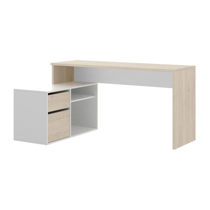 Scrivania Andor, Scrittoio multiposizione da ufficio o cameretta, Tavolo da studio angolare multiuso, 139x92h75 cm, Bianco lucido e Rovere
