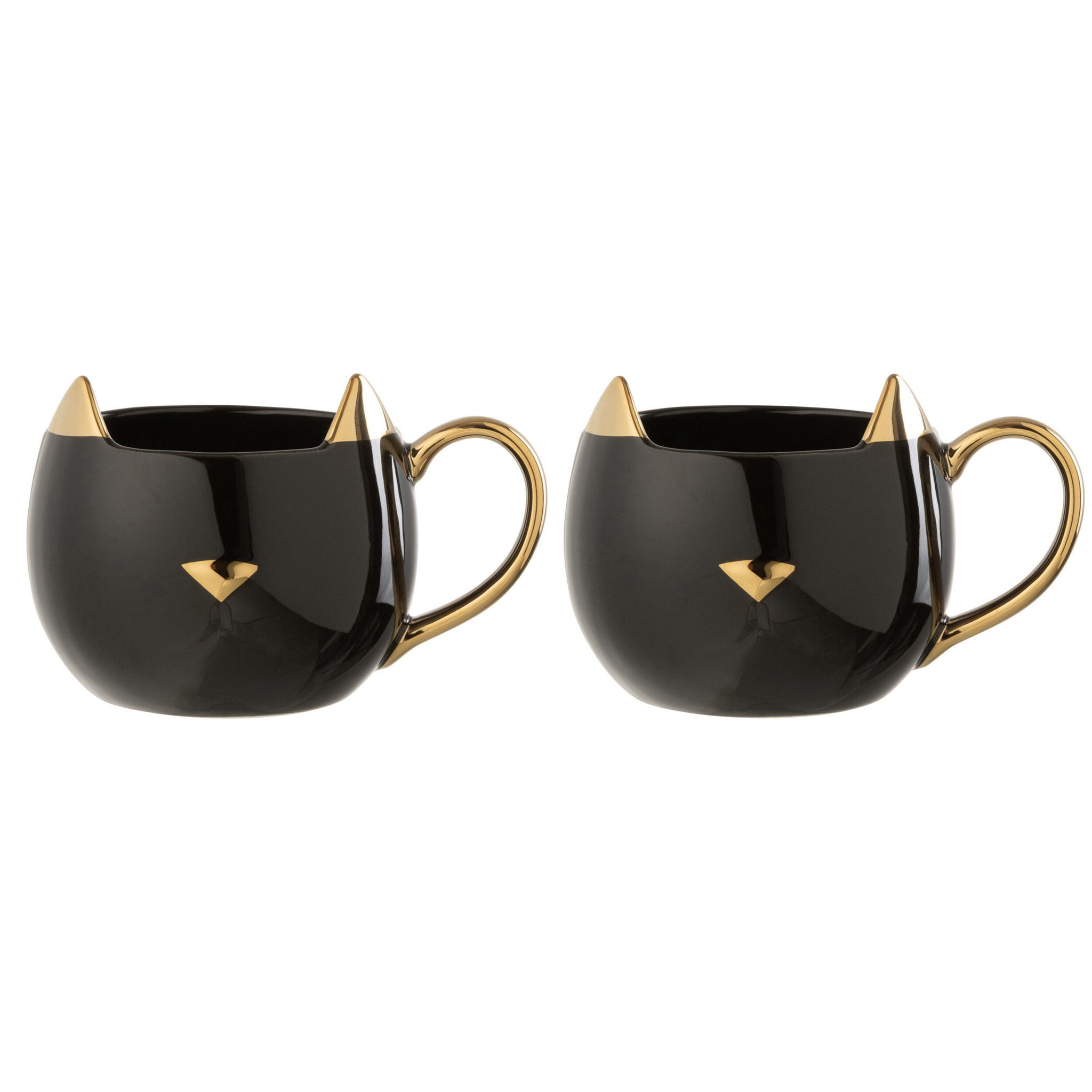 J-Line tasse Chat - porcelaine - noir/or - boîte cadeau de 2