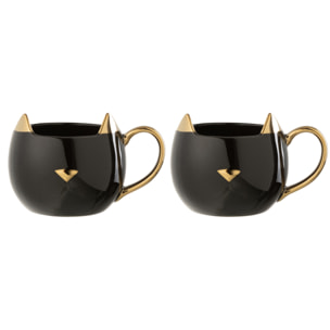 J-Line tasse Chat - porcelaine - noir/or - boîte cadeau de 2