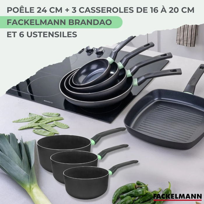Set de 1 poêle 24 cm, 3 casseroles antiadhésives céramique 16, 18 et 20 cm et 6 ustensiles Fackelmann Brandao