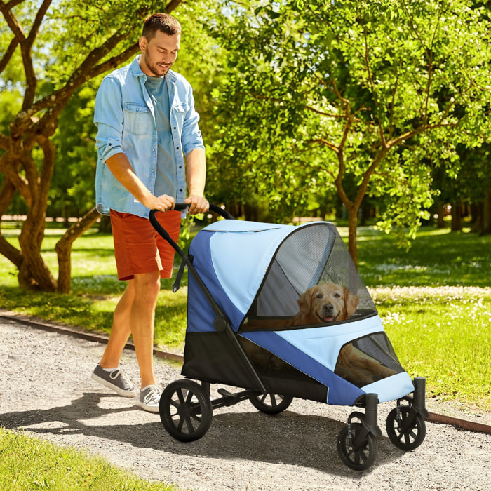 Carrito para Perros Plegable Cochecito para Perros Grandes hasta 30 kg con Ruedas Grandes Correas de Seguridad Marco Amortiguador Cojín Lavable 124x67x100 cm Azul