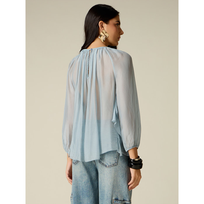 Oltre - Blusa in voile misto seta con volant - Azzurro