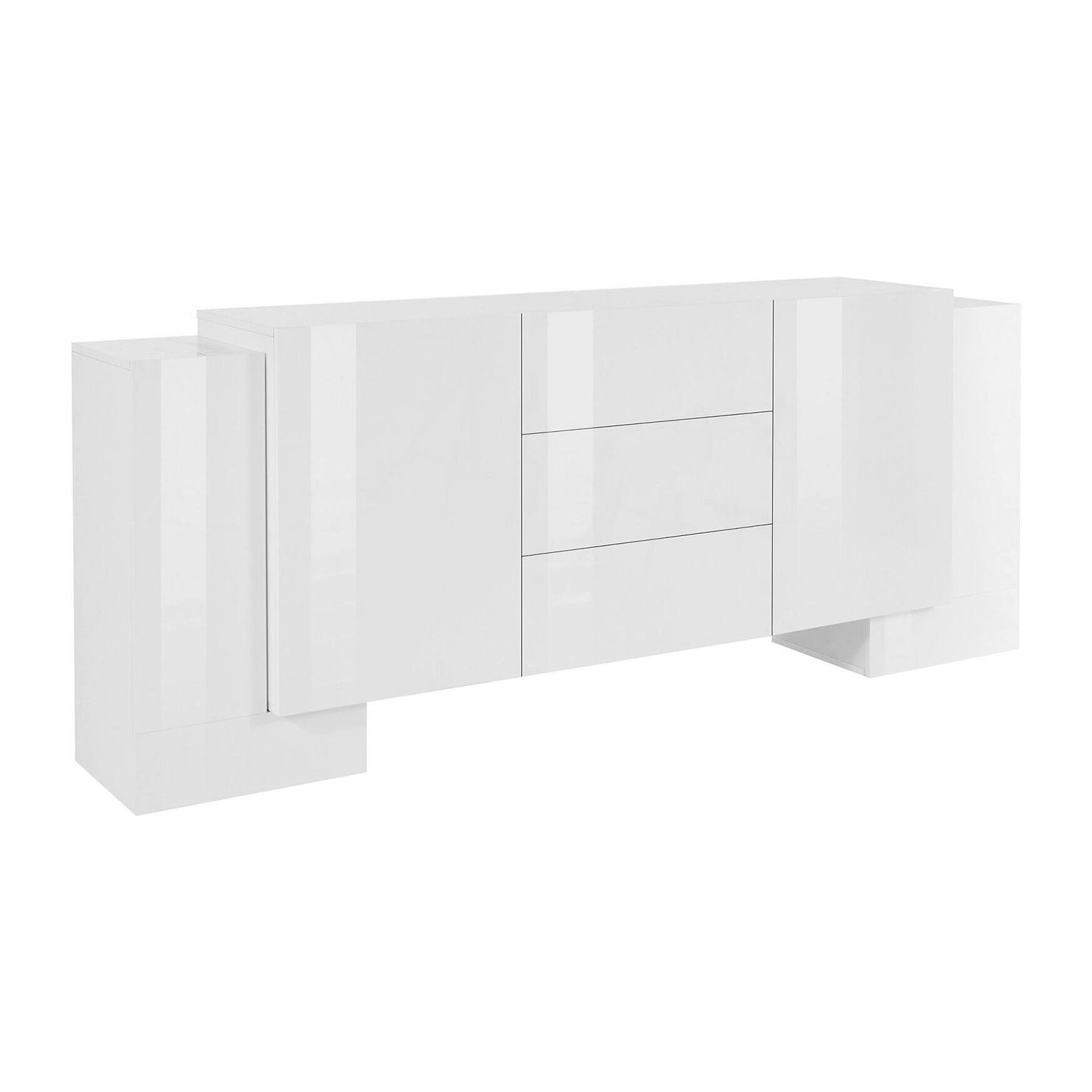 Credenza moderna a 2 ante e 3 cassetti, Made in Italy, Madia da cucina, Buffet di design da soggiorno, cm 210x45h85, colore Bianco lucido