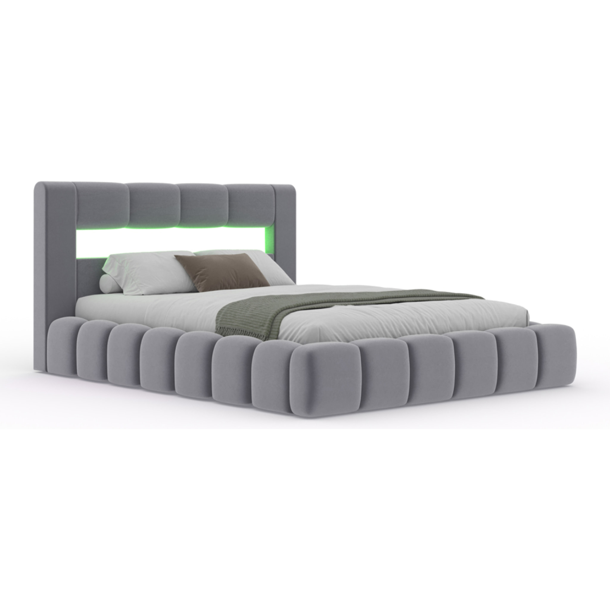 MAKILA Lit nuage coffre LED 140x190cm velours gris avec tête de lit et sommier