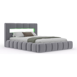 MAKILA Lit nuage coffre LED 140x190cm velours gris avec tête de lit et sommier