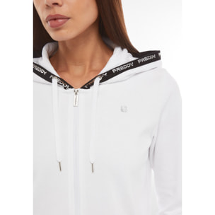 Tuta donna in cotone interlock con zip e cappuccio bordato