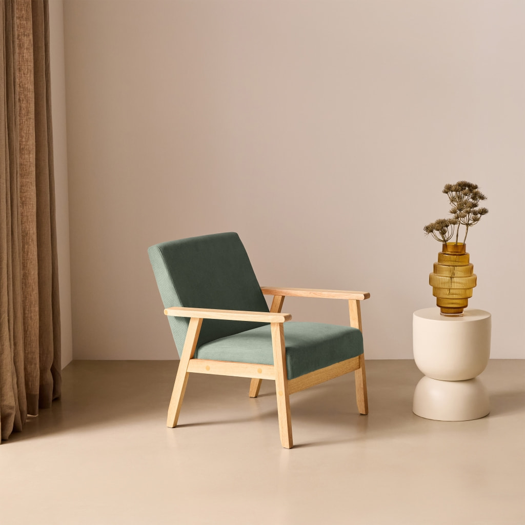 Fauteuil scandinave bois de peuplier, d'hévéa et velours côtelé ISAK