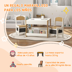 Juego de Mesa y 2 Sillas Infantiles Mesa con Sillas para Niños 3 en 1 con Pizarra Cajones de Tela y Espacio de Almacenamiento para Guardería Sala de Juegos Blanco y Natural