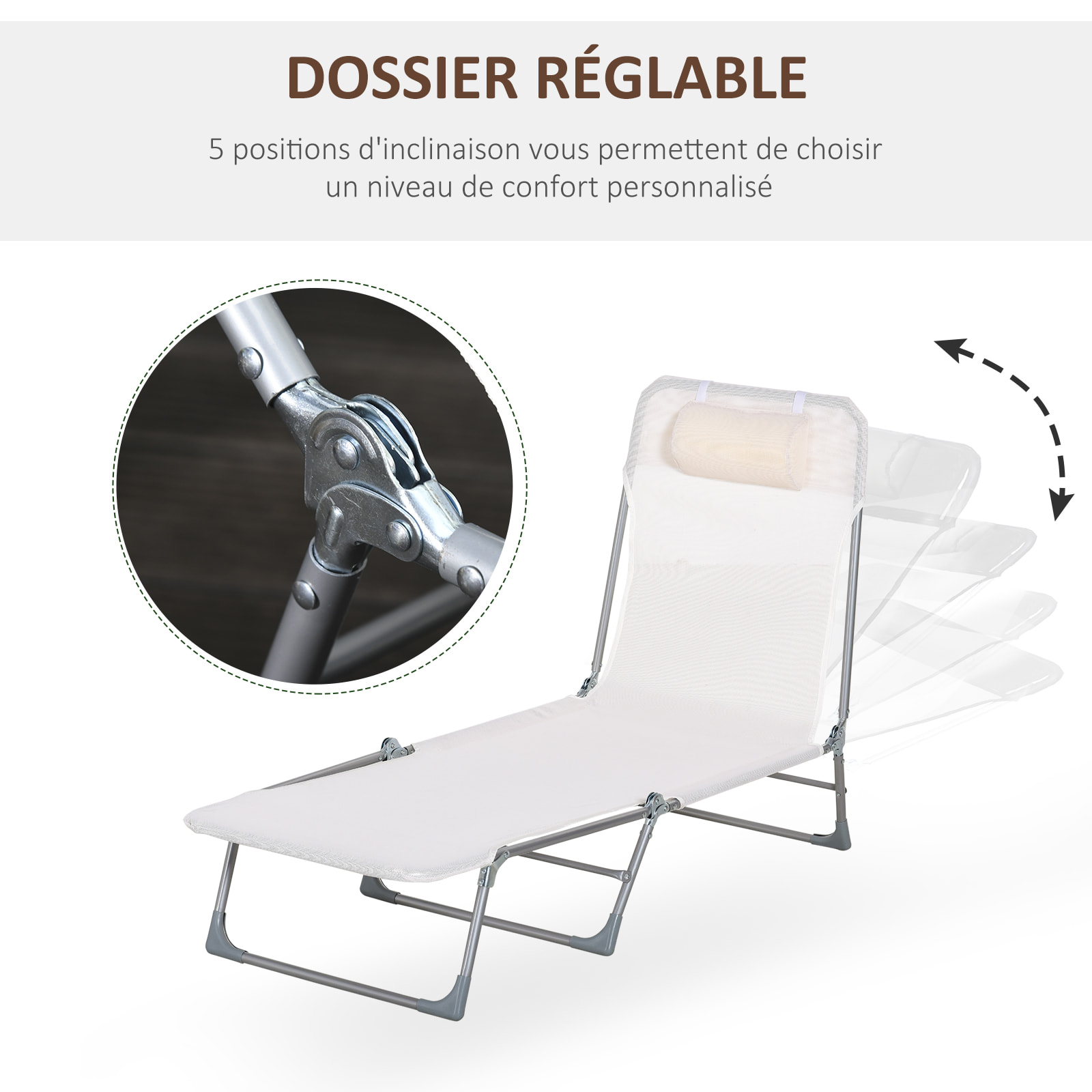 Bain de soleil transat pliable dossier réglable 5 positions acier teslin crème