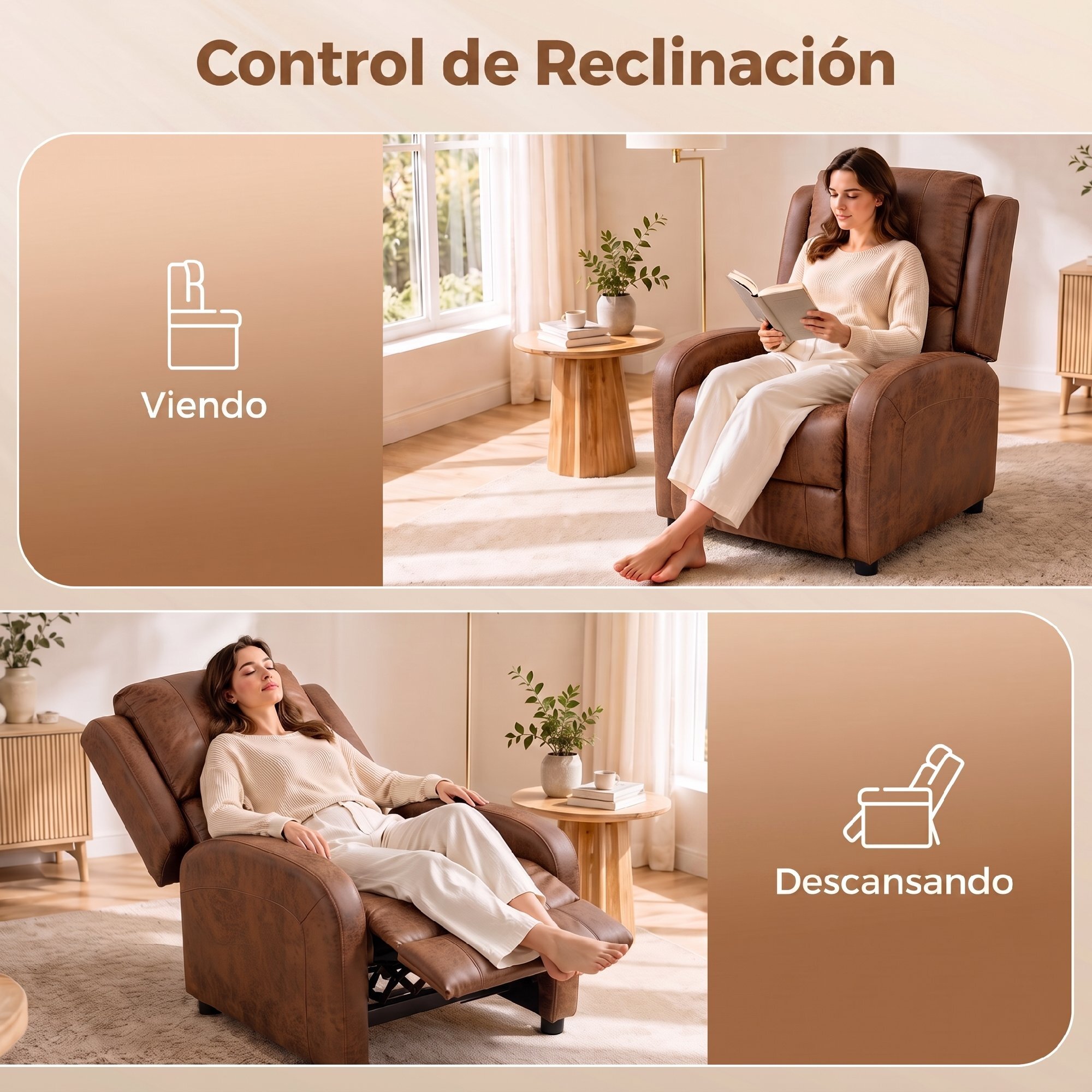 HOMCOM Sillón Relax Reclinable, Sillón Reclinable Manual, Tapizado en Cuero Sintético, Instalación Rápida, Reposapiés, Muelles Ensacados y Acolchado Grueso, para Salón, Dormitorio, Oficina, Marrón